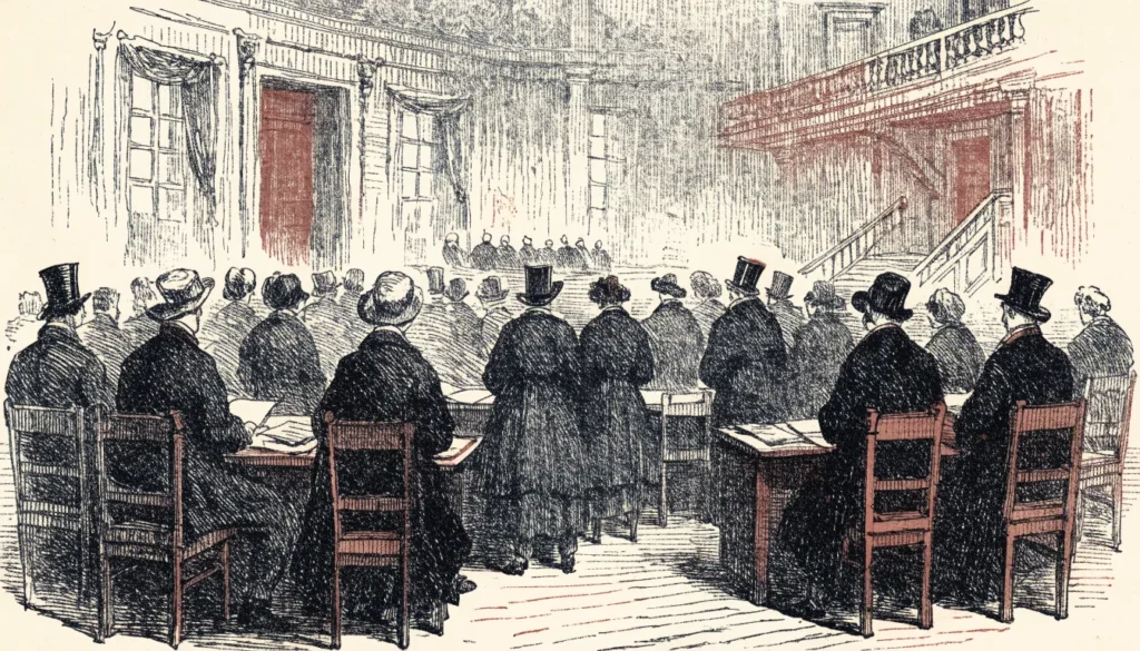 Forsamling i en trehall fra 1814 sett bakfra med papirer på bordene