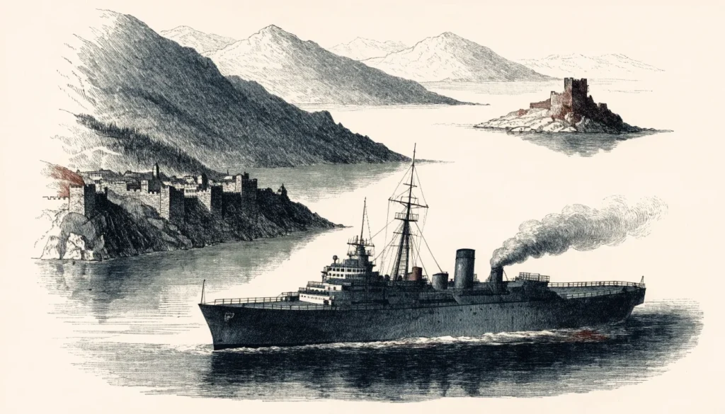 Stor krysser med slagside i et smalt fjordsund og en festningsøy i bakgrunnen