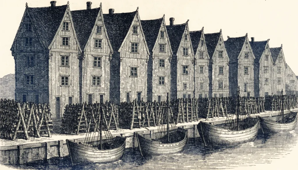 Rekke av høye smale bryggehus med koggeskip og tørrfiskhjeller