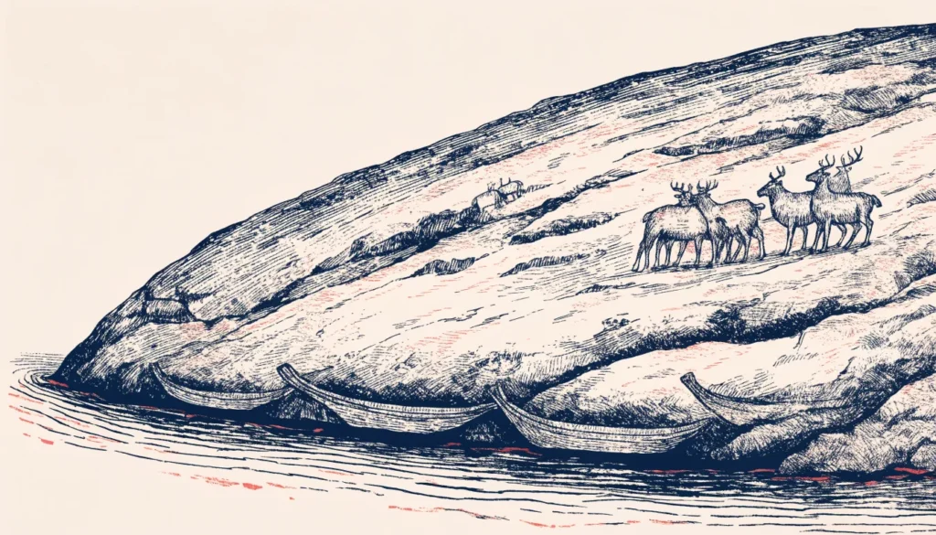 Helleristninger med båter, rein og elg på et svaberg ved sjøen