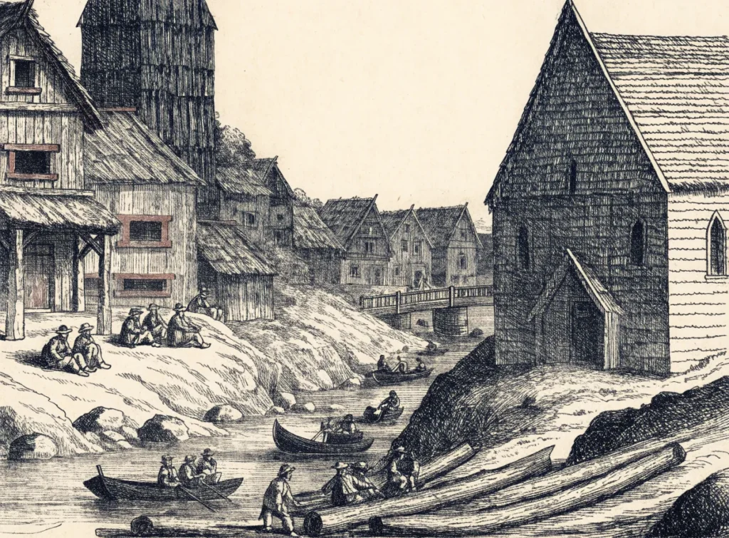 By fra 1600-tallet med trehus, kirke og tømmer som fløtes på elva