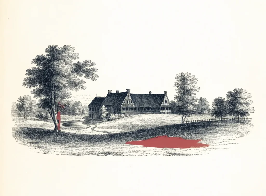 Stor herregård i tre fra tidlig 1800-tall med park foran