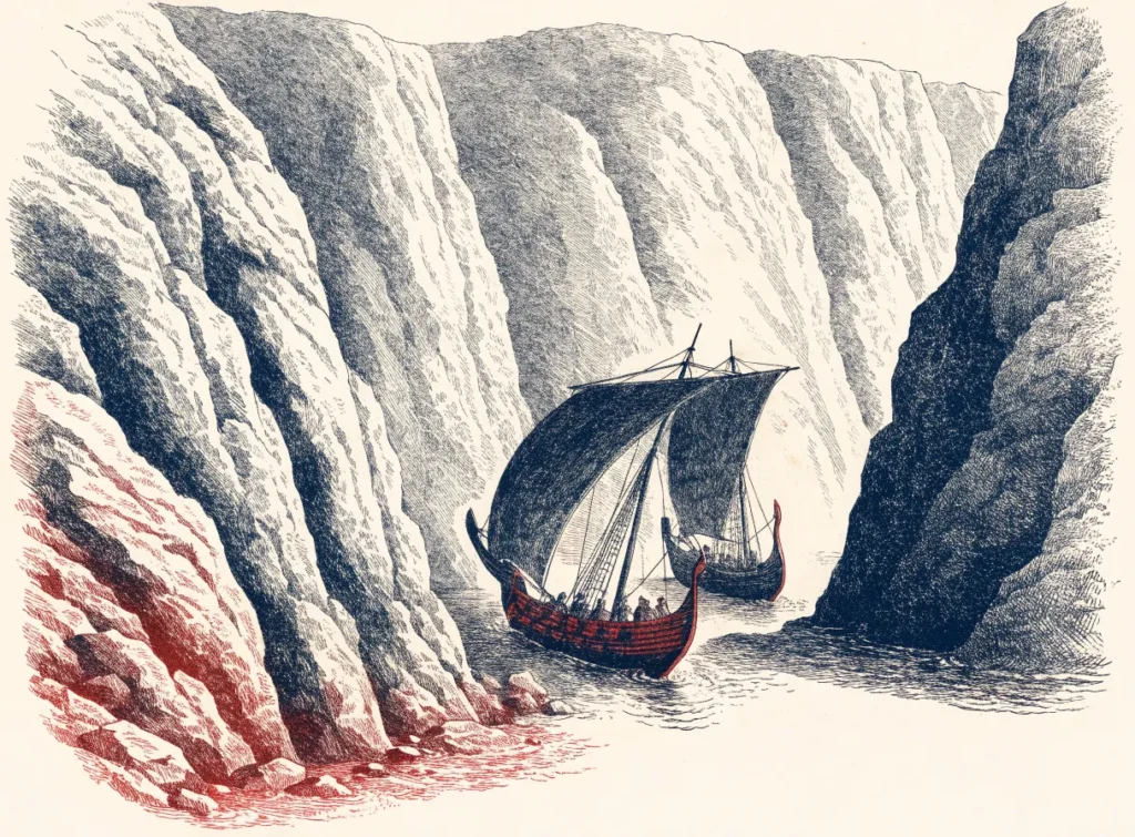To vikingskip med råseil på vei inn en bratt fjord