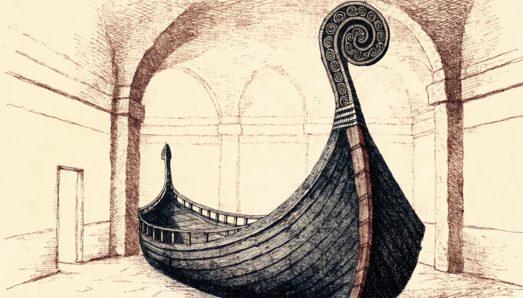 Vikingskip med spiralformet stavn i en hvit museumshall