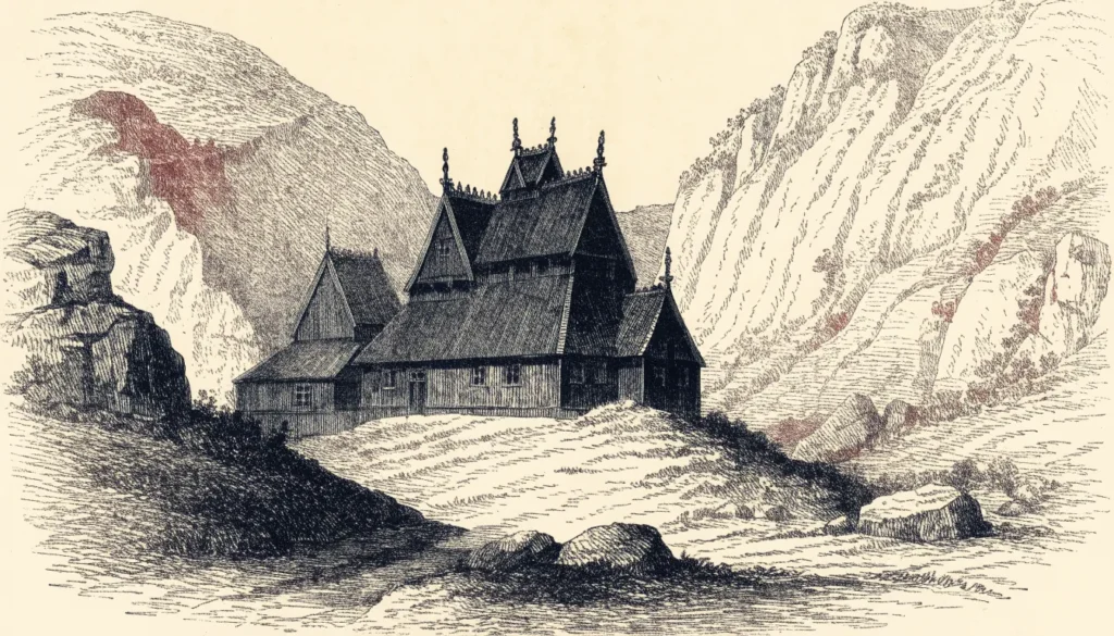 Stavkirke med flere tak i lag i en fjelldal