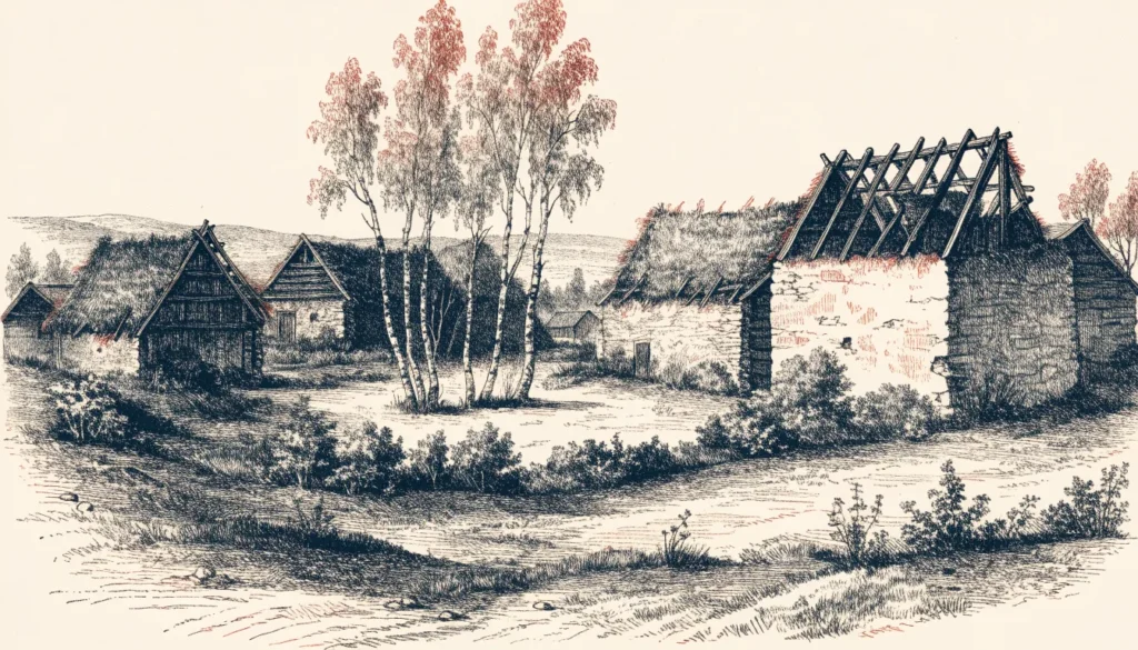 Forlatt middelaldergård med sammenraste torvtak og gjengrodde jorder